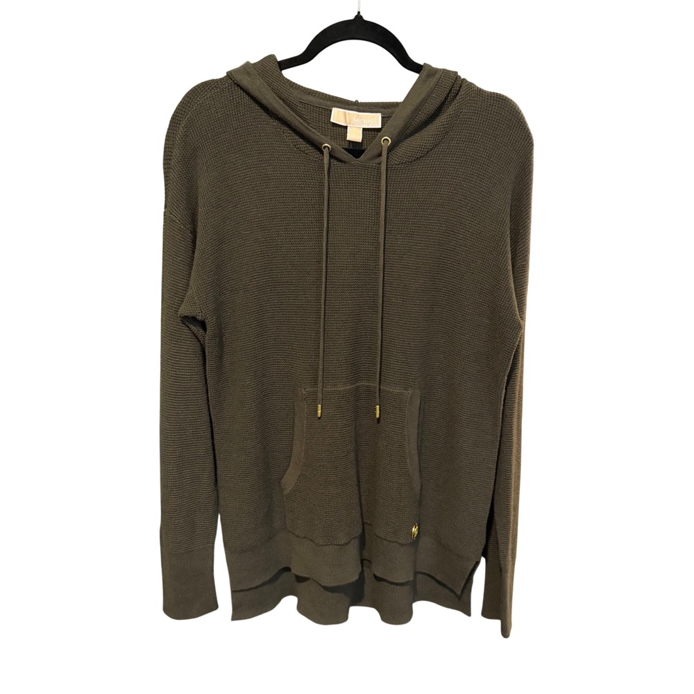 Michael Kors Waffle Knit Hoodie Women Green Gold Logo Pullover Casual Fall Small